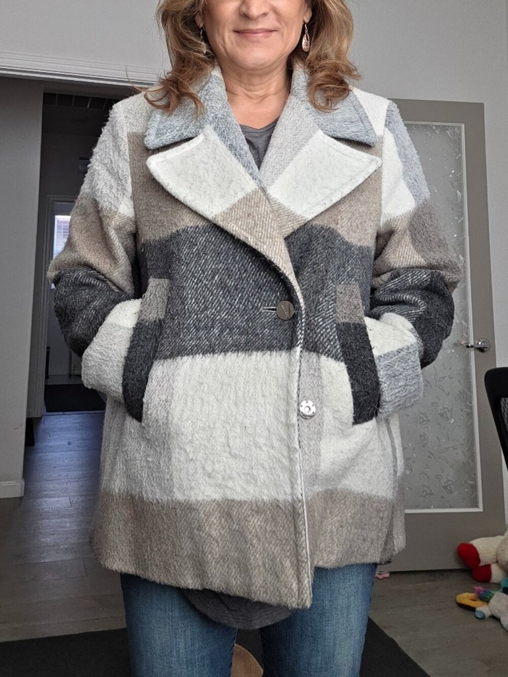 Laundry by Shelli Segal Pea Coat in Grey, Beige & Ivory Plaid - Size L